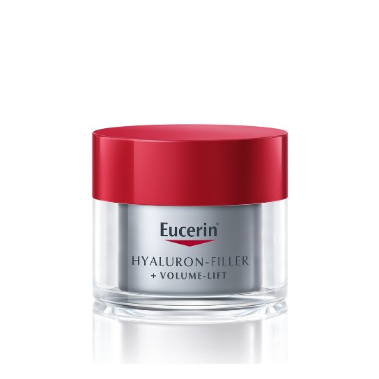 Eucerin Hyaluron-Filler + Volume-Lift face cream in a clear jar with a red lid.