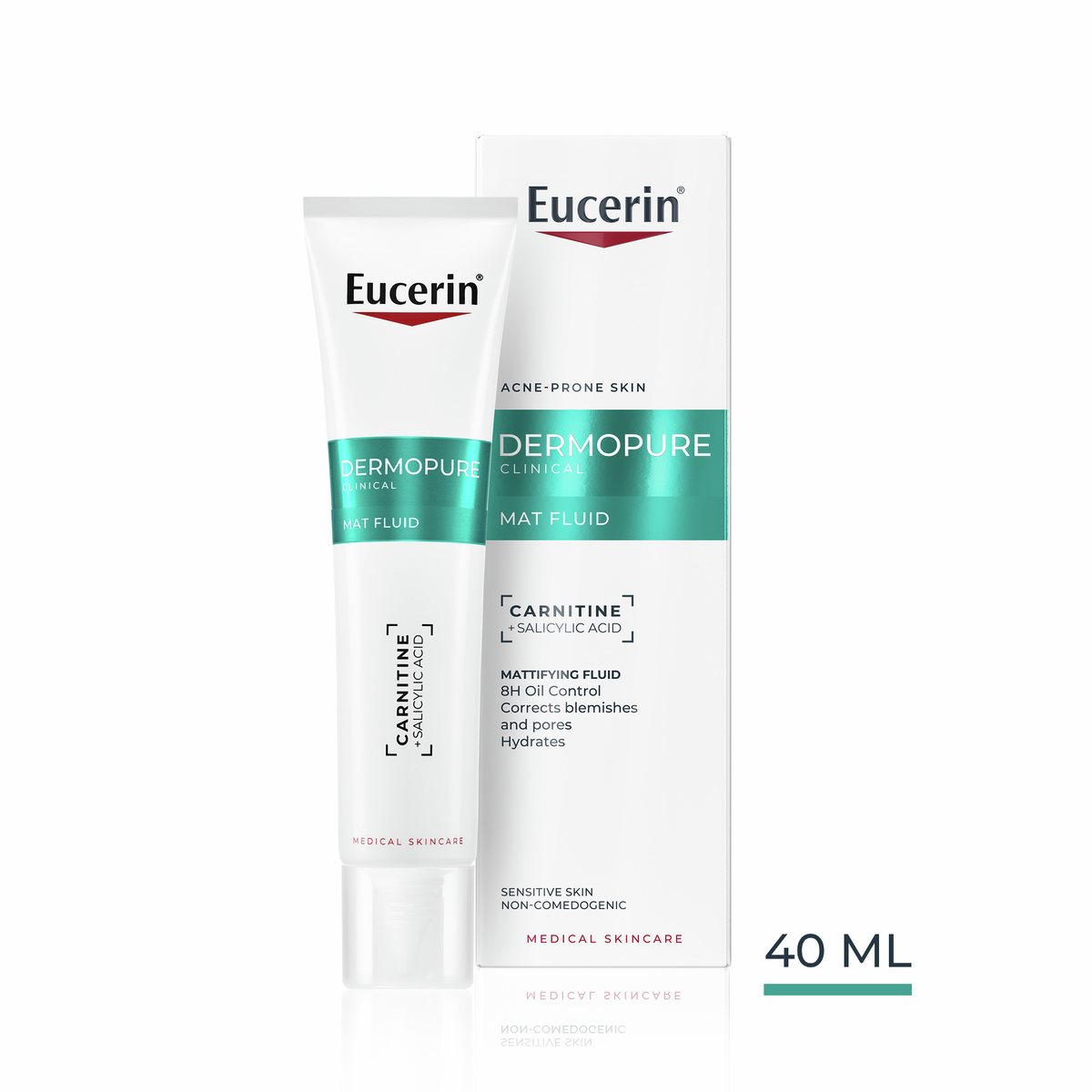 Eucerin DermoPure Clinical Mat Fluid 40 ml tube and box for acne-prone skin, with carnitine and salicylic acid for oil control.