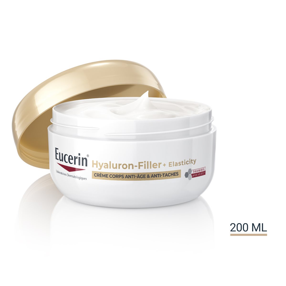 Eucerin Hyaluron-Filler + Elasticity anti-age and anti-spot body cream jar with open gold lid, 200 ml.