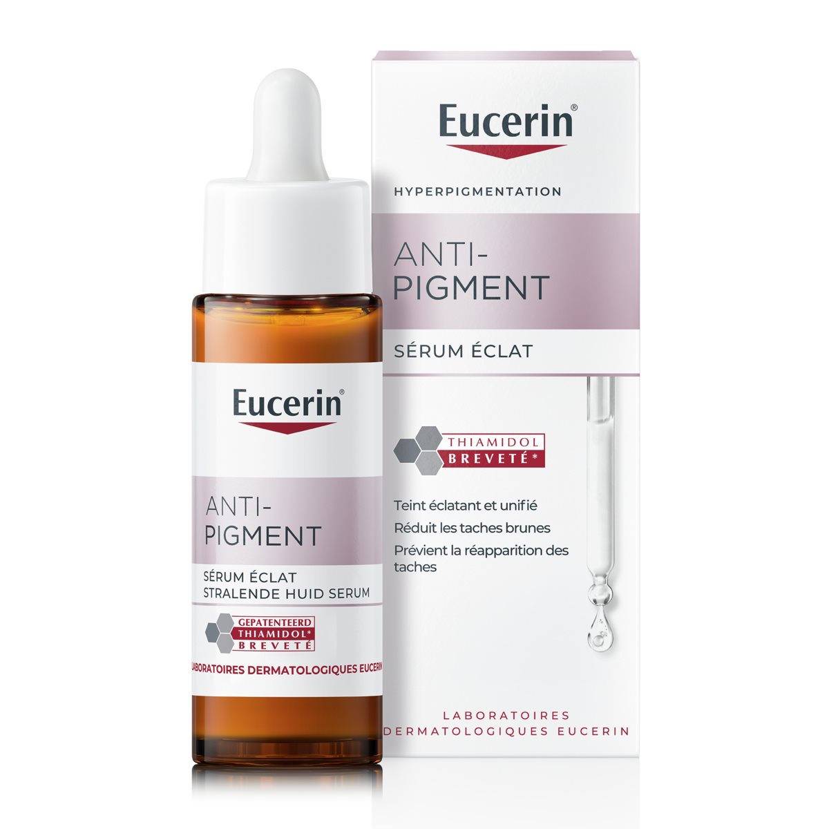 Eucerin Anti-Pigment Brightening Serum bottle and box with pipette, reduces brown spots and prevents reappearance.