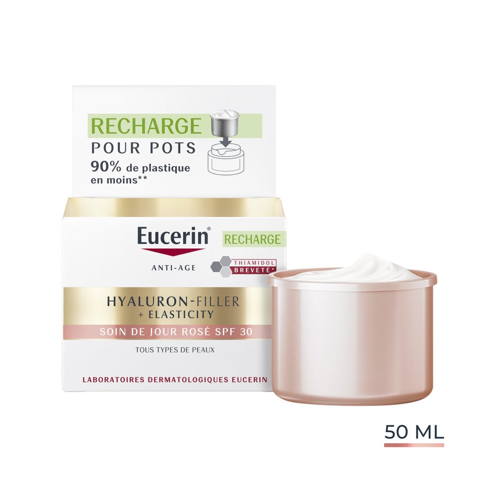 Eucerin Hyaluron-Filler + Elasticity SPF 30 rose day cream refill in pink 50ml jar with eco-friendly packaging.