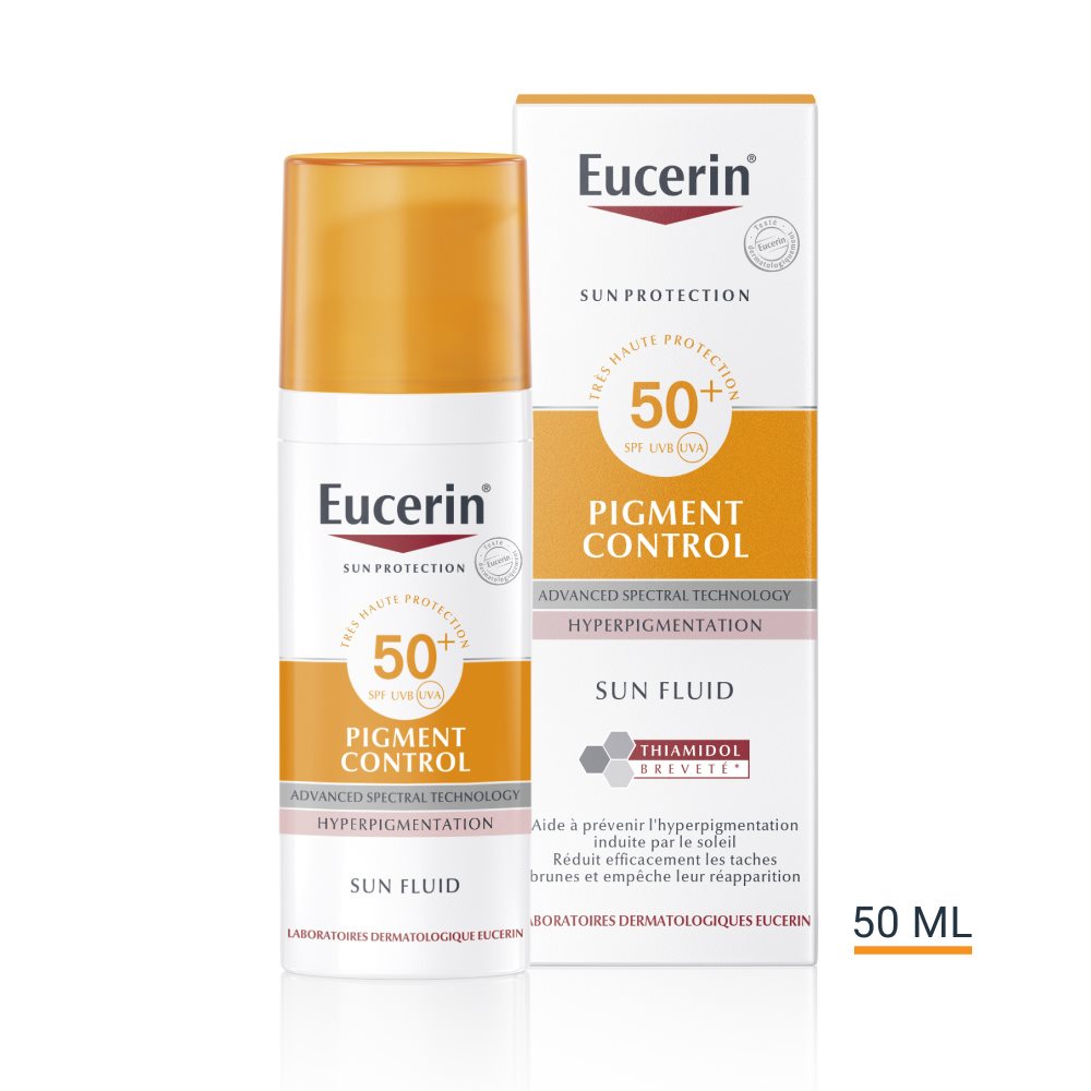 Eucerin Pigment Control Sun Fluid SPF 50+ with Thiamidol, 50 ml bottle and packaging for hyperpigmentation.