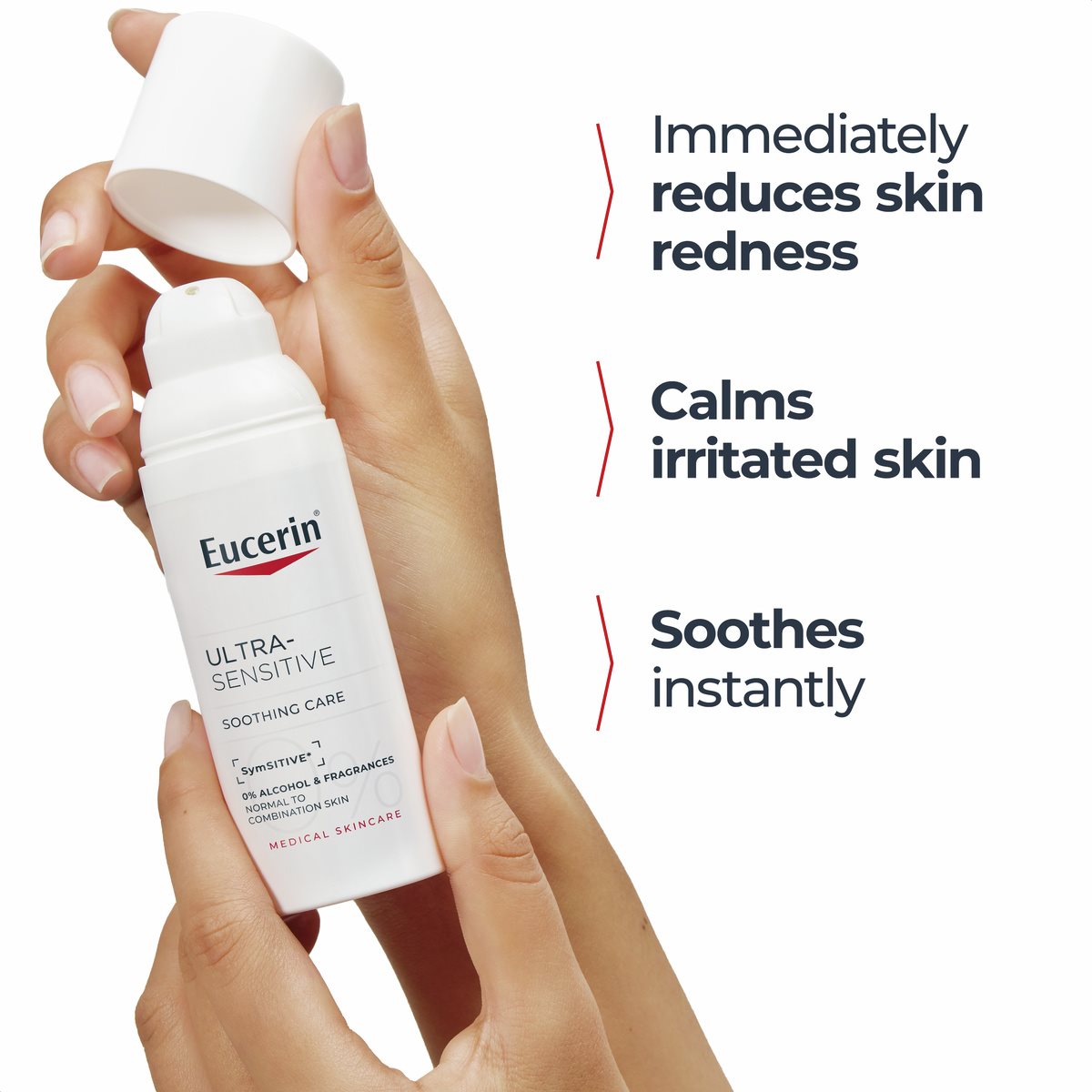 Ultra-Sensitive Soothing Care Normal to Combination Skin — Close-up of the product and list of main benefits
