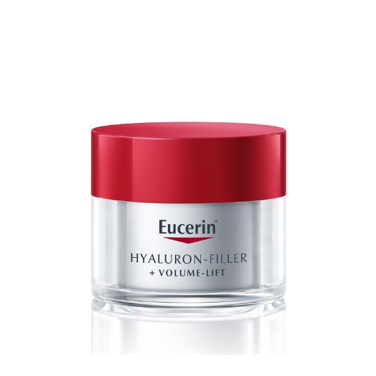 Eucerin Hyaluron-Filler + Volume-Lift anti-aging cream in a clear jar with a red lid.