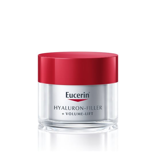 Eucerin Hyaluron-Filler + Volume-Lift eye cream jar with a red lid and white label.