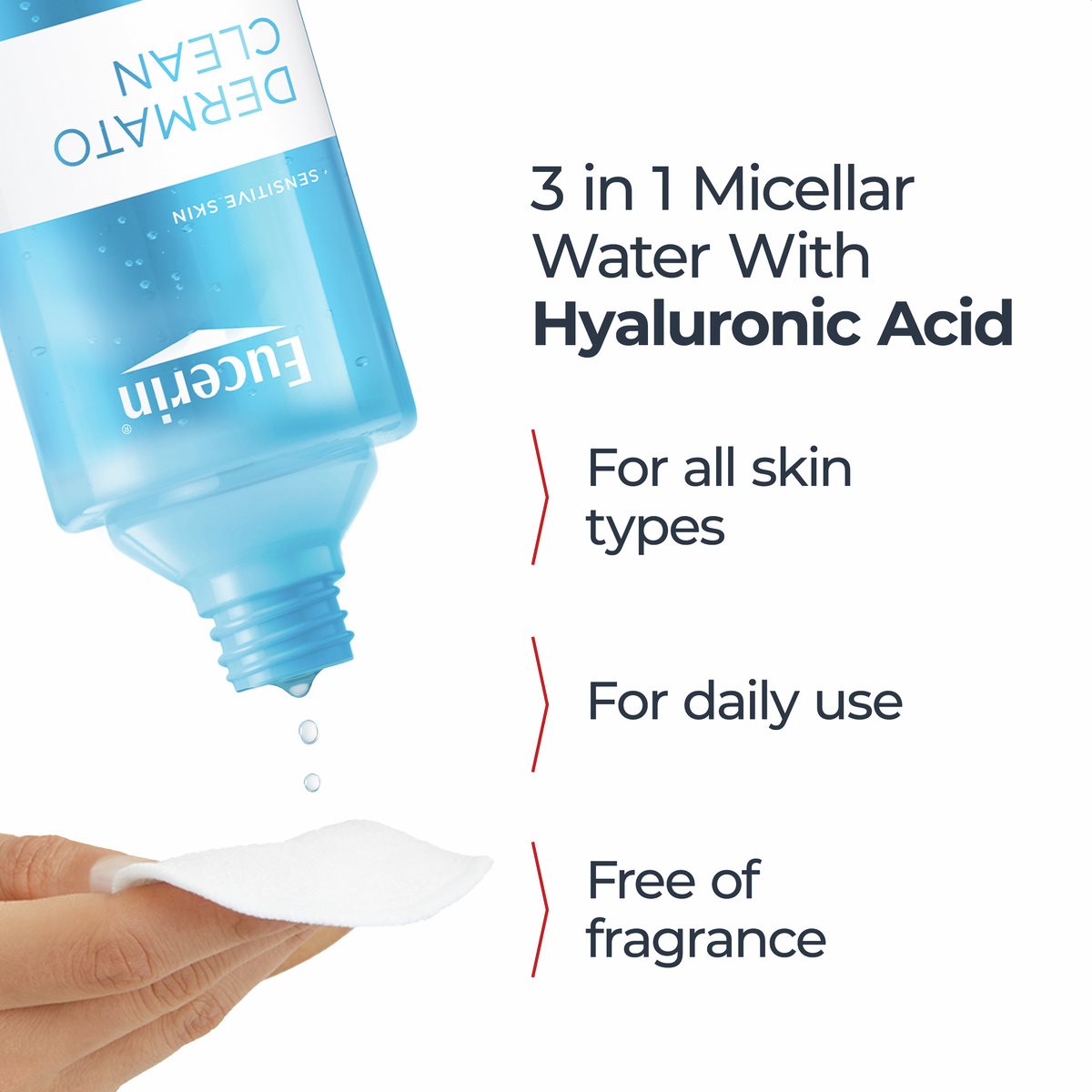 DermatoClean Micellar Water 3 in 1 — Close-up of the product listing main uses