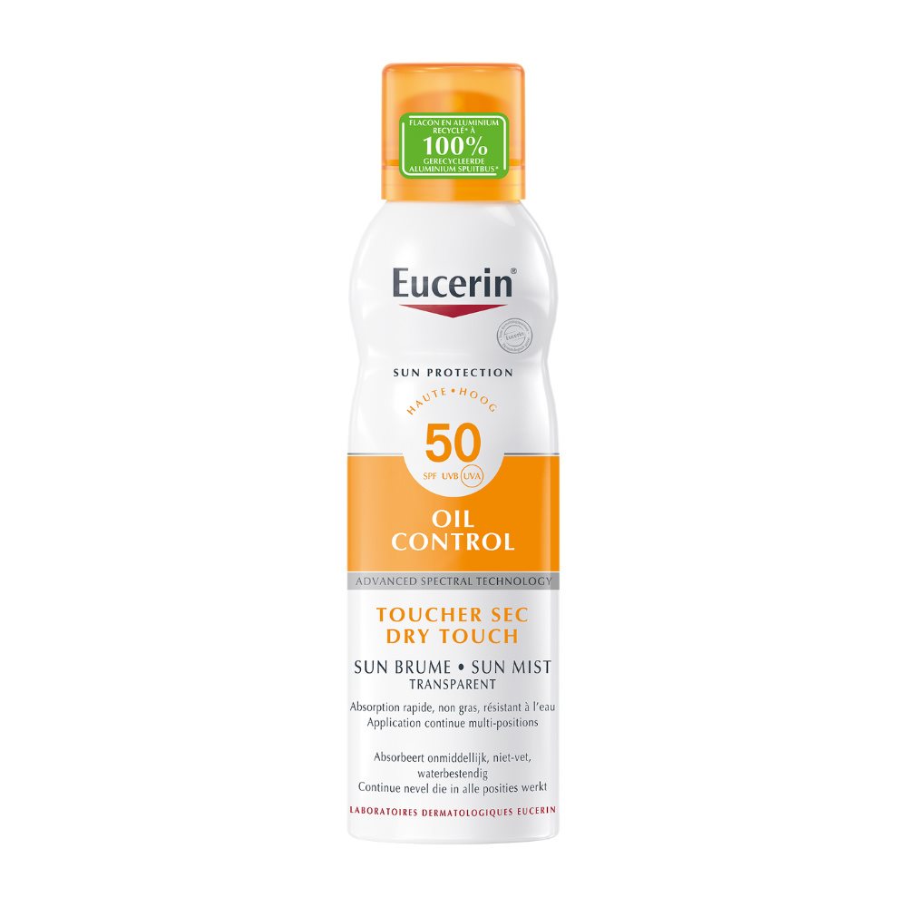 Eucerin Sun Protection Oil Control SPF 50 sun mist spray with dry touch, fast absorption, and water resistant formula.