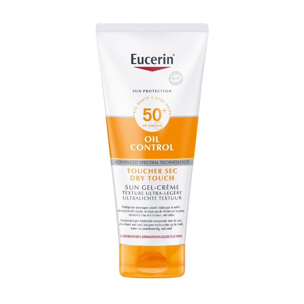 Eucerin Sun Protection Oil Control SPF 50+ Dry Touch ultra-light sun gel cream tube.