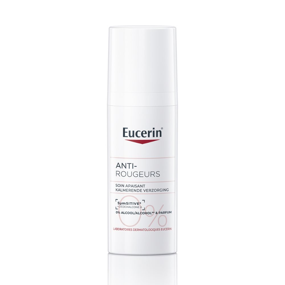 Eucerin Anti-Redness Soothing Care bottle with SymSITIVE and 0% alcohol or perfume.