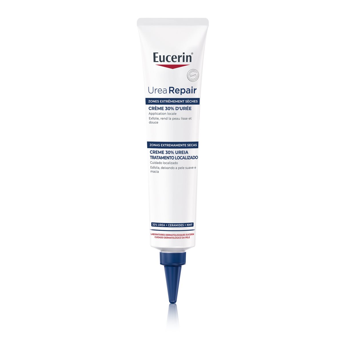 Eucerin Urea Repair cream tube for extremely dry skin, 30% urea, with ceramides and NMF, for localized treatment.