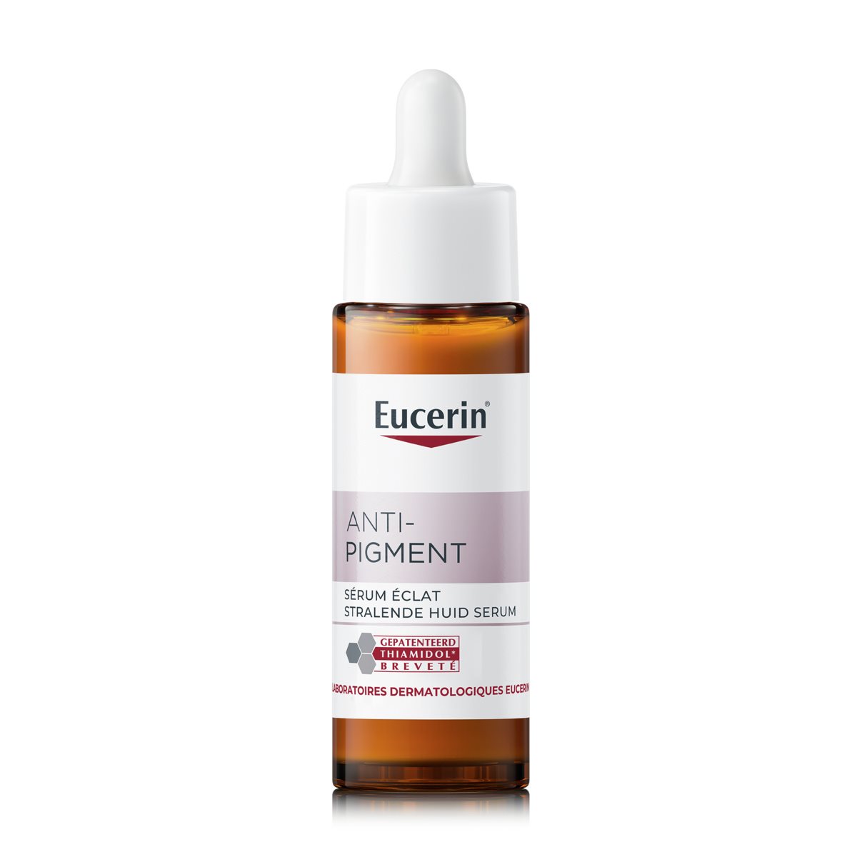 Eucerin Anti-Pigment brightening serum bottle with dropper, contains patented Thiamidol formula.